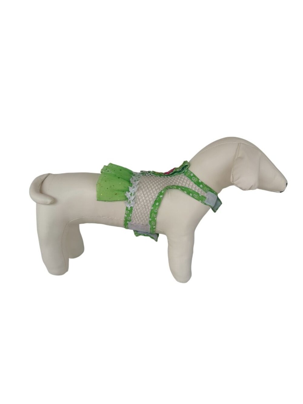 Handmade Small Dog Adjustable Dress Outfit w Harness Net Green Tutu Skirt Fancy